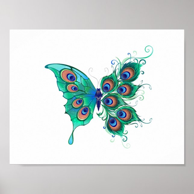 Poster Borboleta com Penas de Pavão Verde (Frente)