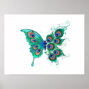 Poster Borboleta com Penas de Pavão Verde