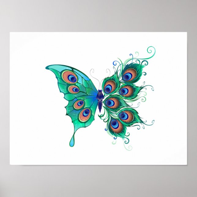 Poster Borboleta com Penas de Pavão Verde (Frente)