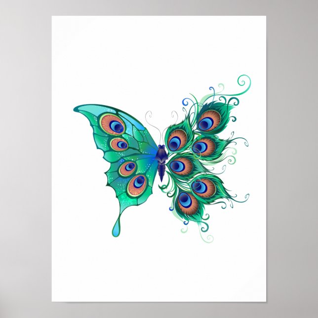 Poster Borboleta com Penas de Pavão Verde (Frente)