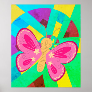 Poster Borboleta de abstrato cor verde e rosa divertida