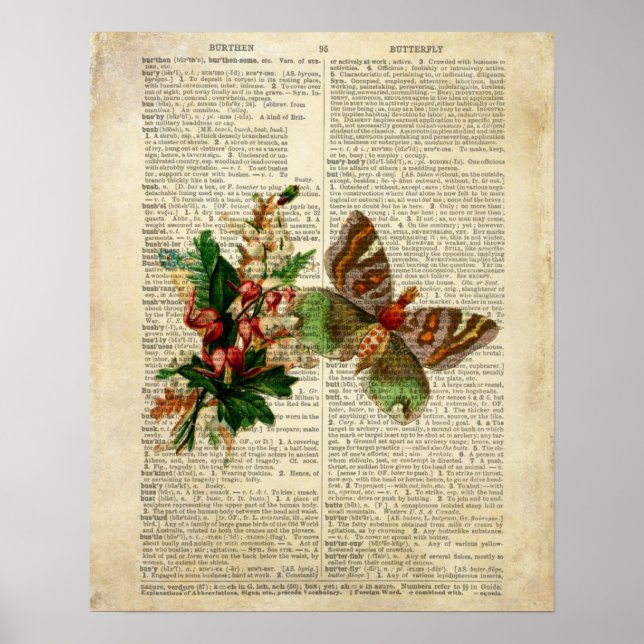 Pôster Borboleta de arte floral na página do dicionário d (Frente)