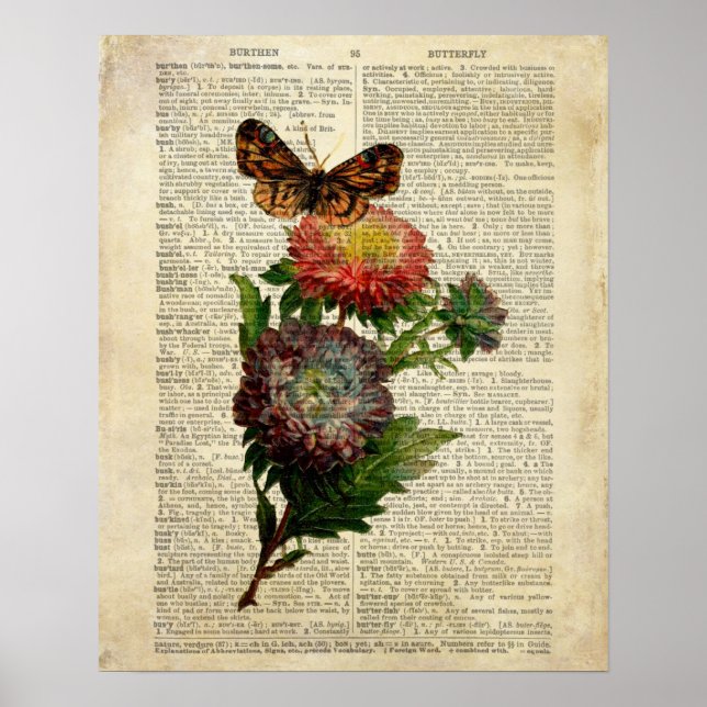 Poster Borboleta de arte floral na página do dicionário d (Frente)