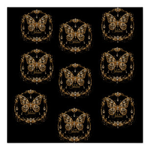 Pôster Borboleta de Cristal Dourado Brilho Luxo Jóias Art