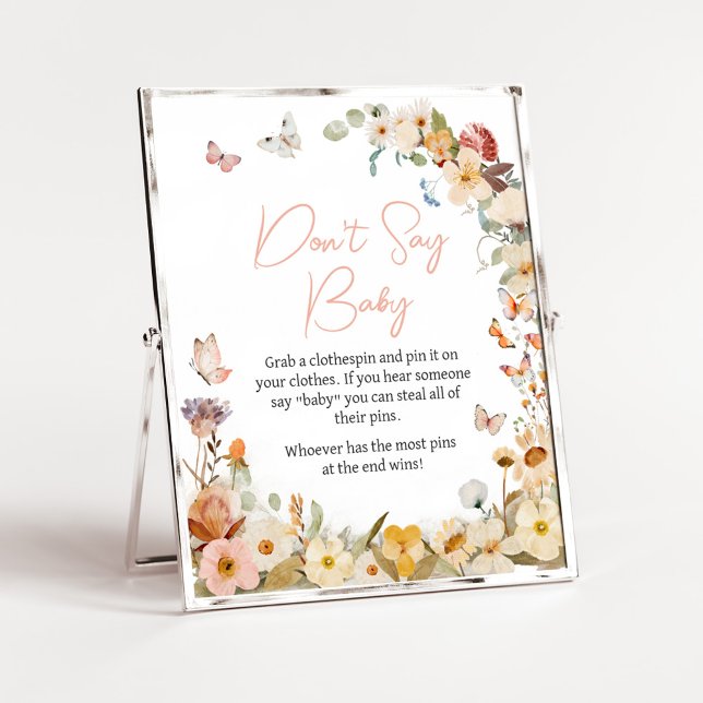 Poster Borboleta de flor selvagem Não diga amor (Little Butterfly Wildflower Baby Shower Don't Say Baby Sign)