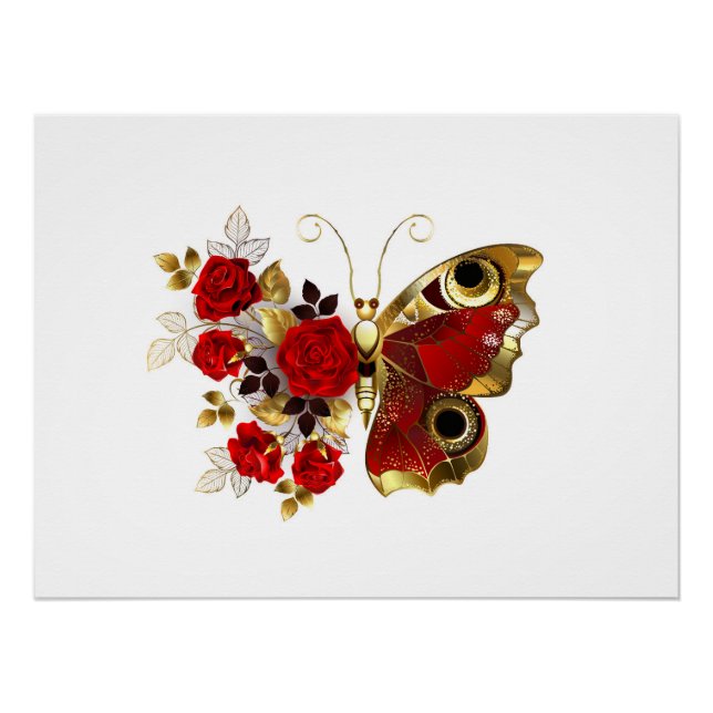 Pôster Borboleta de flor vermelha com rosas vermelhas (Frente)