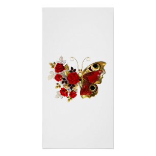 Pôster Borboleta de flor vermelha com rosas vermelhas