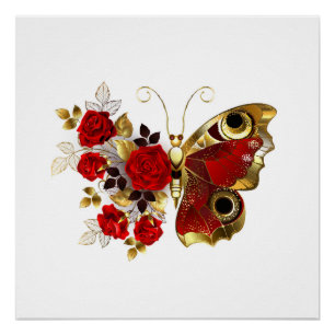 Pôster Borboleta de flor vermelha com rosas vermelhas