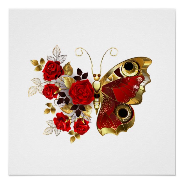 Pôster Borboleta de flor vermelha com rosas vermelhas (Frente)