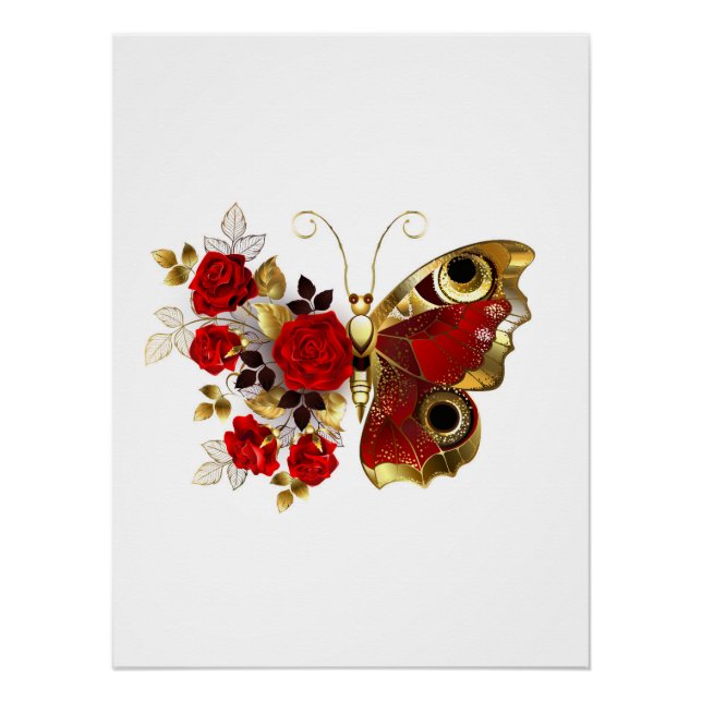 Pôster Borboleta de flor vermelha com rosas vermelhas (Frente)