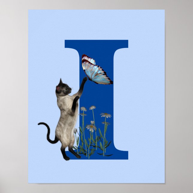Poster Borboleta de Flores de Gato Siameses Monograma Ini (Frente)