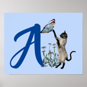Poster Borboleta de Gato Siamesa Monograma Inicial A Fofo