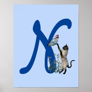 Poster Borboleta de Gato Siamesa Monograma Inicial N Fofo