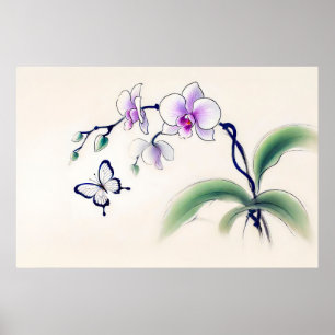 Poster Borboleta de Tinta Chinesa em Orquídea