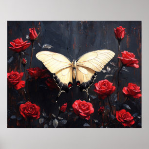 Poster Borboleta Descansando Entre Rosas Vermelhas Vibran