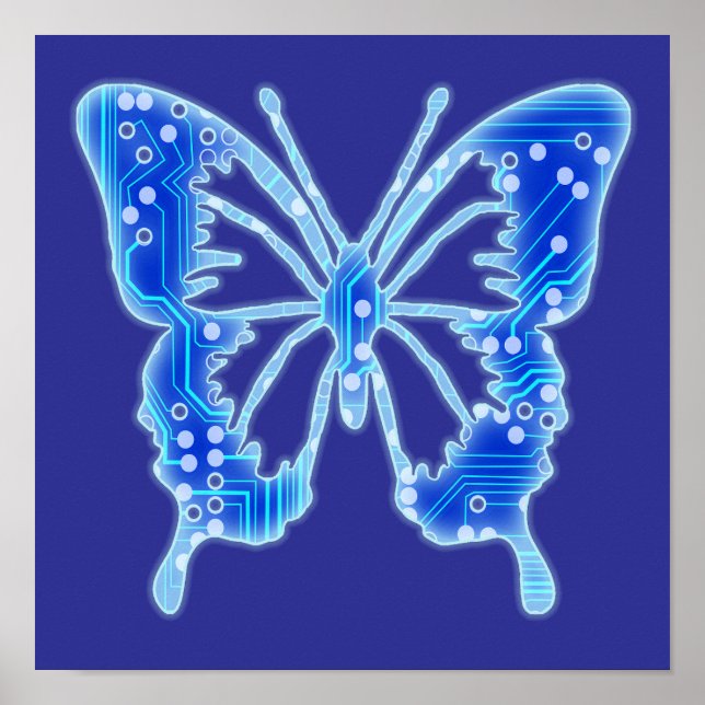 Poster Borboleta digital azul, personalizar fundo (Frente)
