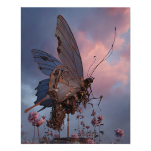 Pôster Borboleta do Pôr do Sol Sonhador sobre Flores Cor-