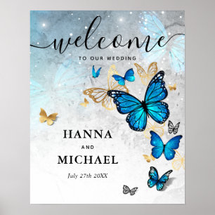 Poster Borboleta Dourada e Azul Bem-vinda Casamento