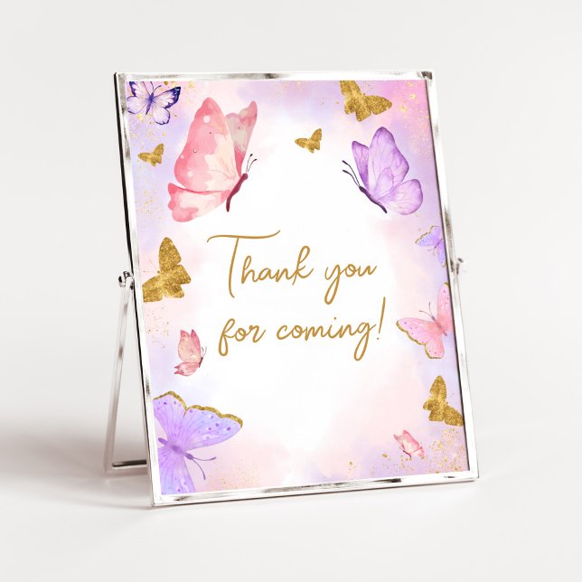 Poster Borboleta Dourada rosa Obrigado por vir (Boho Butterfly Baby Shower Thank you for Coming Sign)