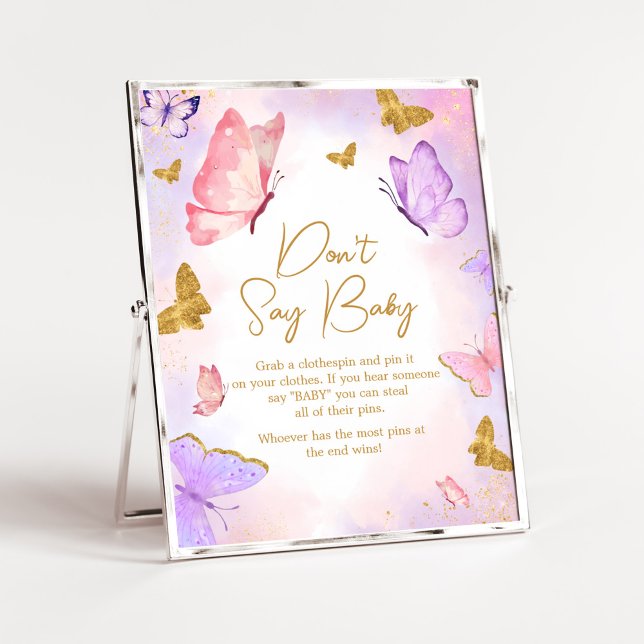 Poster Borboleta Dourada rosa rosa Não diga amor (Boho Butterfly Baby Shower Don't Say Baby Sign)