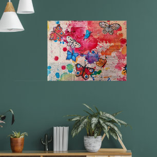 Poster Borboleta Elegante Pintura Watercolor Vintage Book