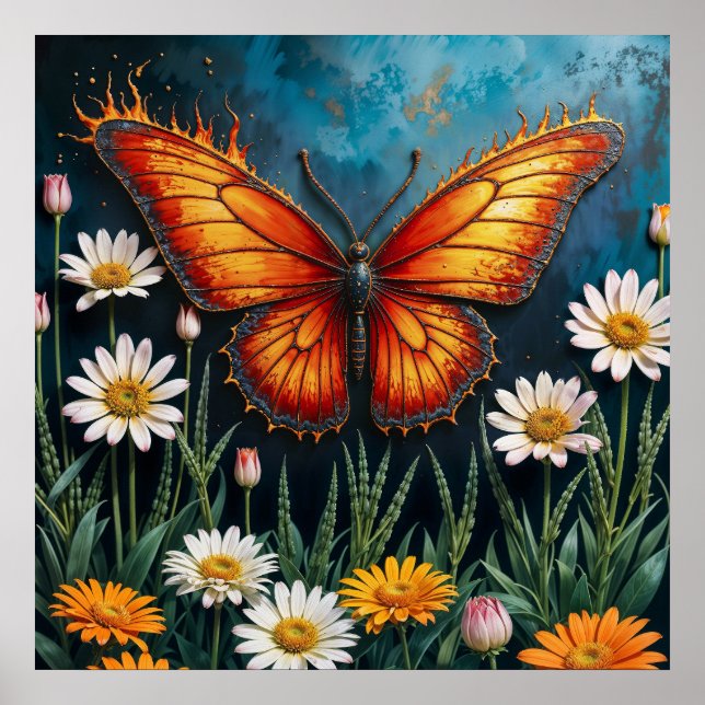 Poster Borboleta em chamas fantasia de arte branca camomi (Frente)