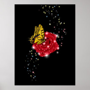 Poster Borboleta em rosa vermelha com estrelas e gotas de