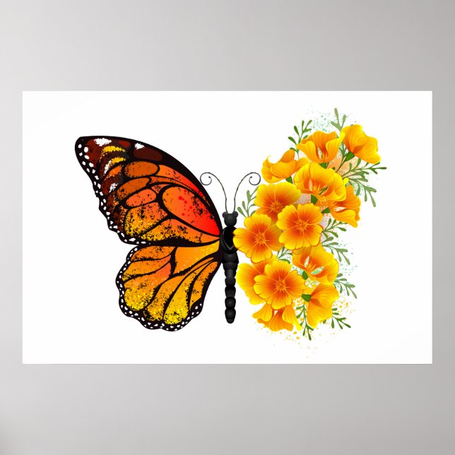 Poster Borboleta Flor com Papagaio Amarelo da Califórnia (Frente)