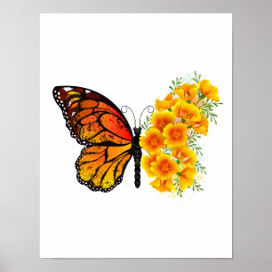 Poster Borboleta Flor com Papoula da Califórnia Amarela