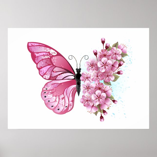 Poster Borboleta Flor com Sakura Rosa (Frente)