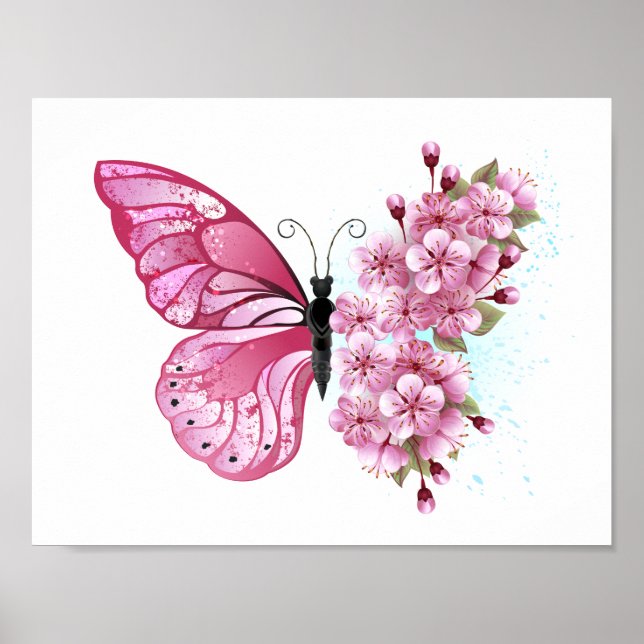 Poster Borboleta Flor com Sakura Rosa (Frente)
