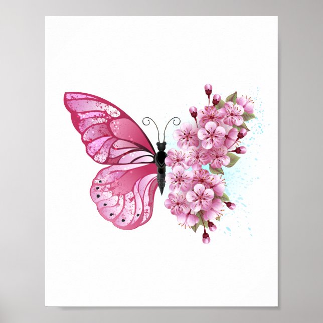 Poster Borboleta Flor com Sakura Rosa (Frente)