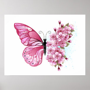 Poster Borboleta Flor com Sakura Rosa