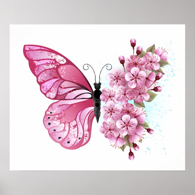 Poster Borboleta Flor com Sakura Rosa (Frente)