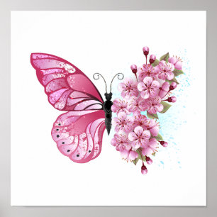 Poster Borboleta Flor com Sakura Rosa