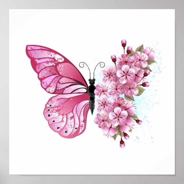Poster Borboleta Flor com Sakura Rosa (Frente)