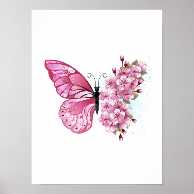Poster Borboleta Flor com Sakura Rosa (Frente)