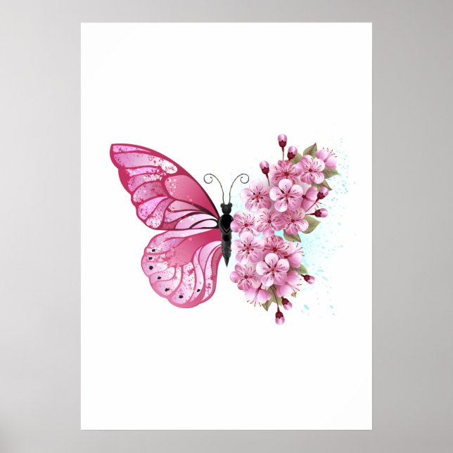 Poster Borboleta Flor com Sakura Rosa (Frente)