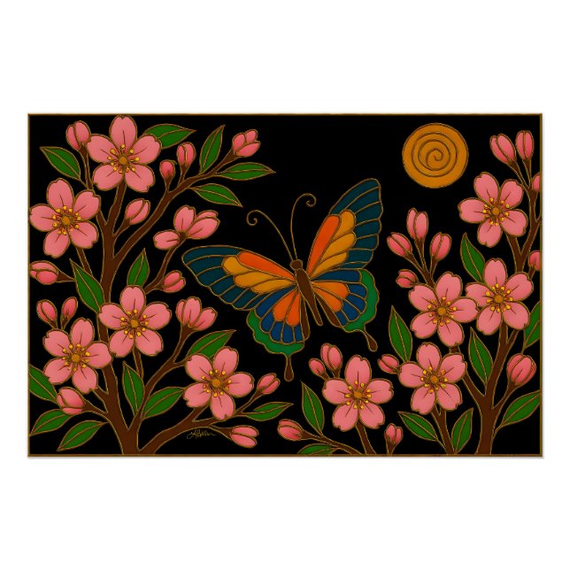 Pôster Borboleta Flor de Cerejeira Lua (Frente)
