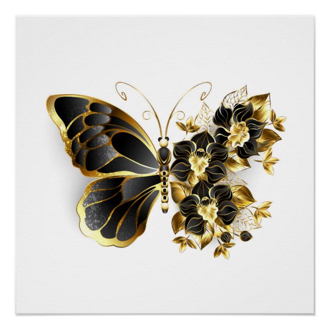 Pôster Borboleta Flor de Ouro com Orquídea Preta (Frente)