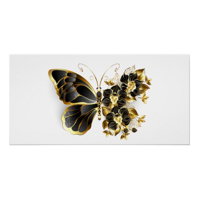 Pôster Borboleta Flor de Ouro com Orquídea Preta (Frente)