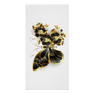 Pôster Borboleta Flor de Ouro com Orquídea Preta