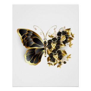 Pôster Borboleta Flor de Ouro com Orquídea Preta