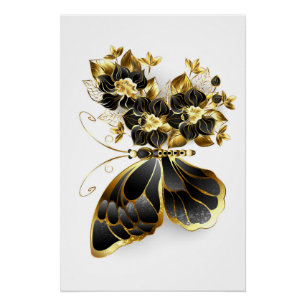 Pôster Borboleta Flor de Ouro com Orquídea Preta
