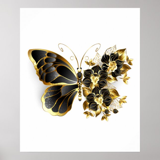 Poster Borboleta Flor de Ouro com Orquídea Preta (Frente)