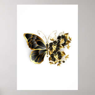 Poster Borboleta Flor Dourada com Orquídea Preta