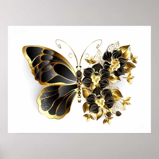 Poster Borboleta Flor Dourada com Orquídea Preta (Frente)