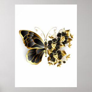 Poster Borboleta Flor Dourada com Orquídea Preta