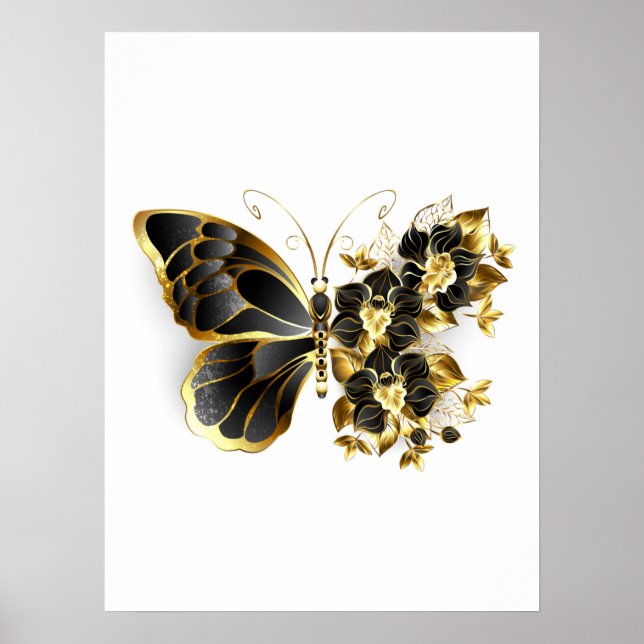 Poster Borboleta Flor Dourada com Orquídea Preta (Frente)