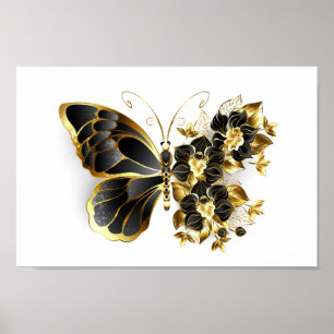 Poster Borboleta Flor Dourada com Orquídea Preta